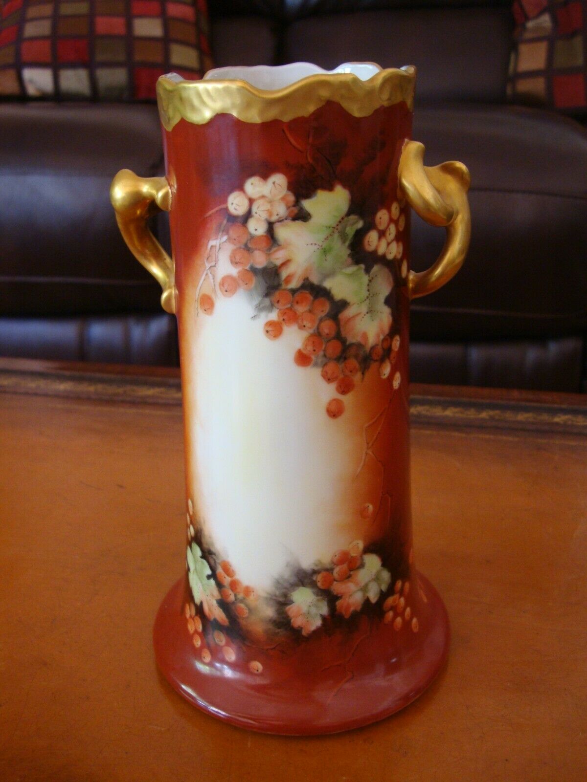 Unmarked Hand Painted Signed Vase, Red Berries & Gold, 9 1/2", Excellent.