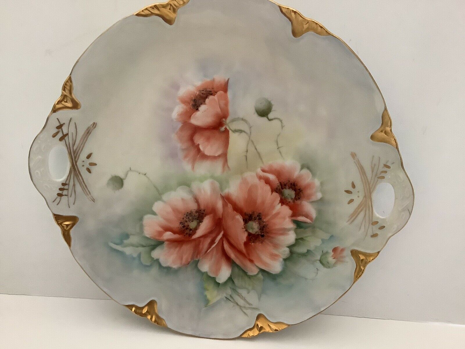 VTG Antique 11.75” Porcelain Cake Plate Handled Flowers Gold Detail Stunning!