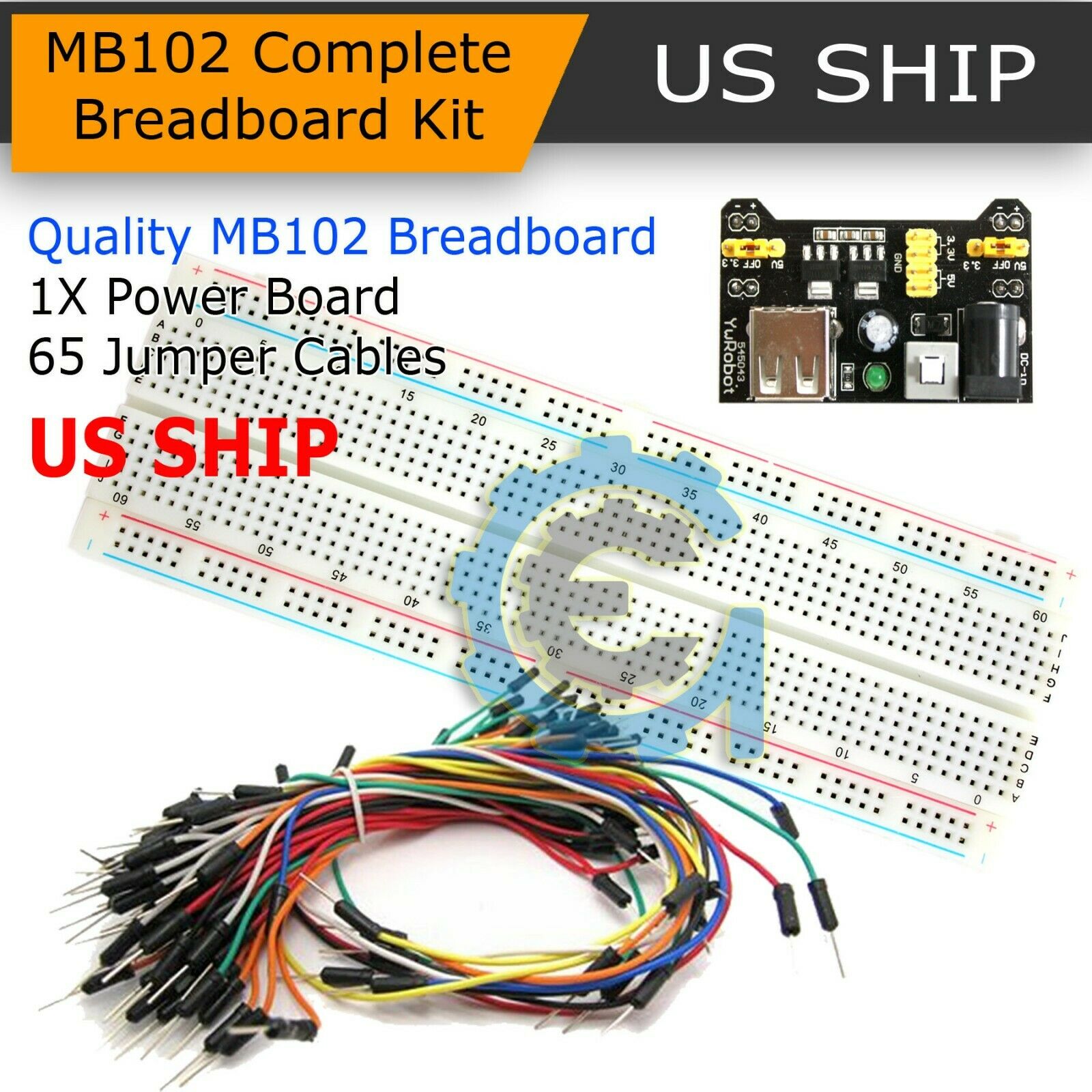 830 Point Solderless Breadboard 65 Pcs Jumper Cable Mb-102 Power Supply Module