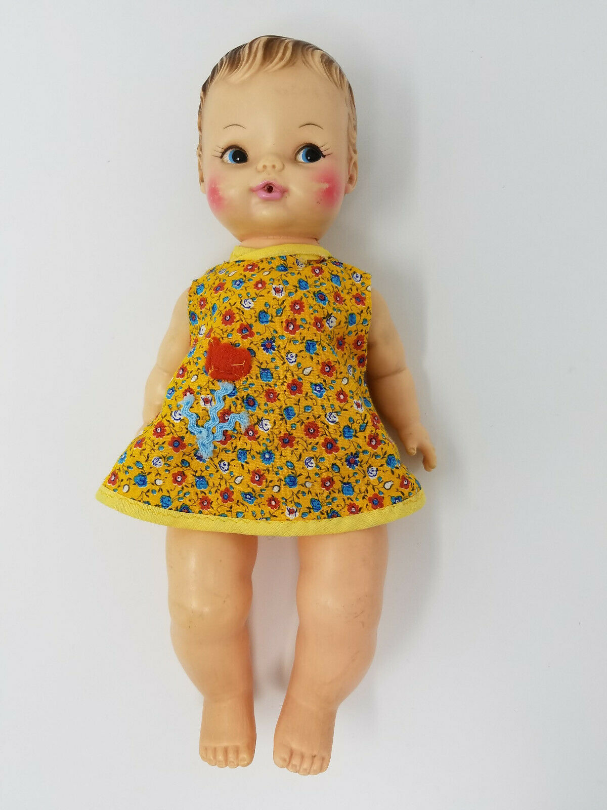 Vintage 1974 Horsman 11” Tall Baby Drink & Wet Doll w/ Flower Dress CUTE